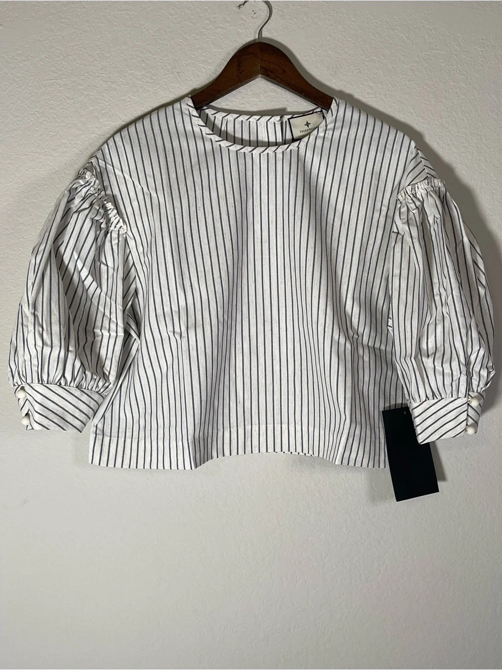 Tuckernuck Stripe Edie Puff Sleeve Top in Blue Linen New Cropped Size XXL